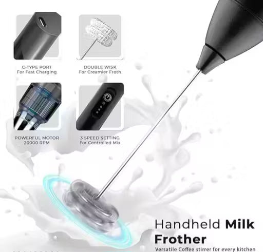 Rechargeable Electric Milk Frother – 3 Speed Coffee Mixer with USB Charging