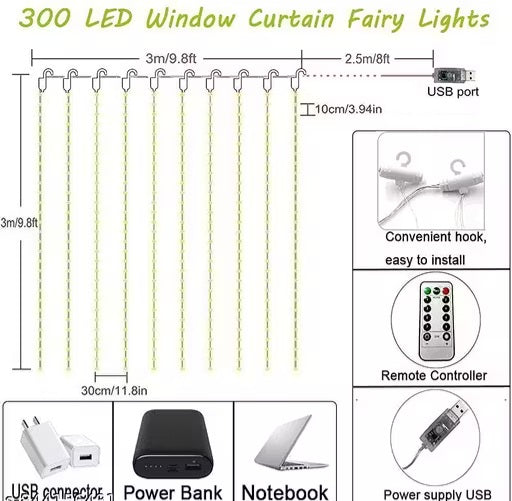 300 LED Curtain String Lights with Remote – Warm White Fairy Lights (3x3 Meter)