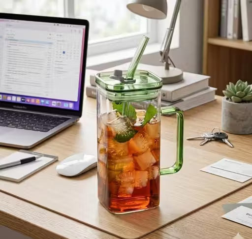 Premium Glass Tumbler with Straw – Airtight Lid | Juice & Coffee Mug